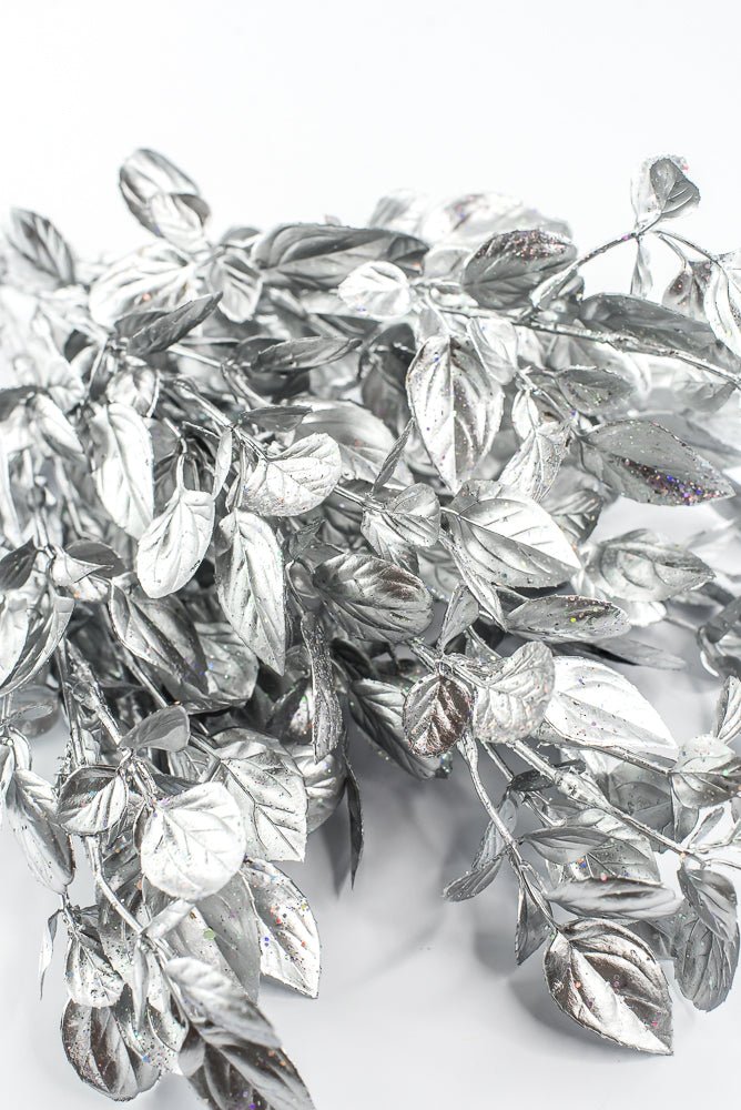 Artificial Silver Plastic Leaves With Glitter Bush - 17" - Greenery MarketArtificial Flora85799-SILVER