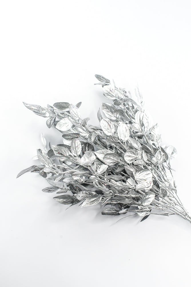 Artificial Silver Plastic Leaves With Glitter Bush - 17" - Greenery MarketArtificial Flora85799-SILVER