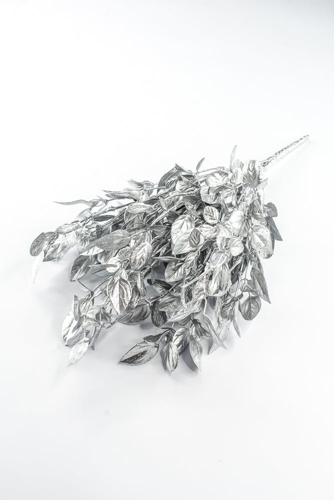 Artificial Silver Plastic Leaves With Glitter Bush - 17" - Greenery MarketArtificial Flora85799-SILVER