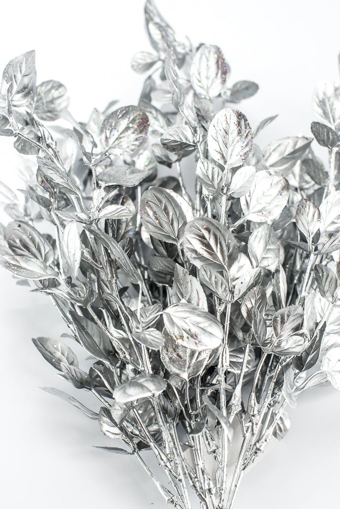Artificial Silver Plastic Leaves With Glitter Bush - 17" - Greenery MarketArtificial Flora85799-SILVER
