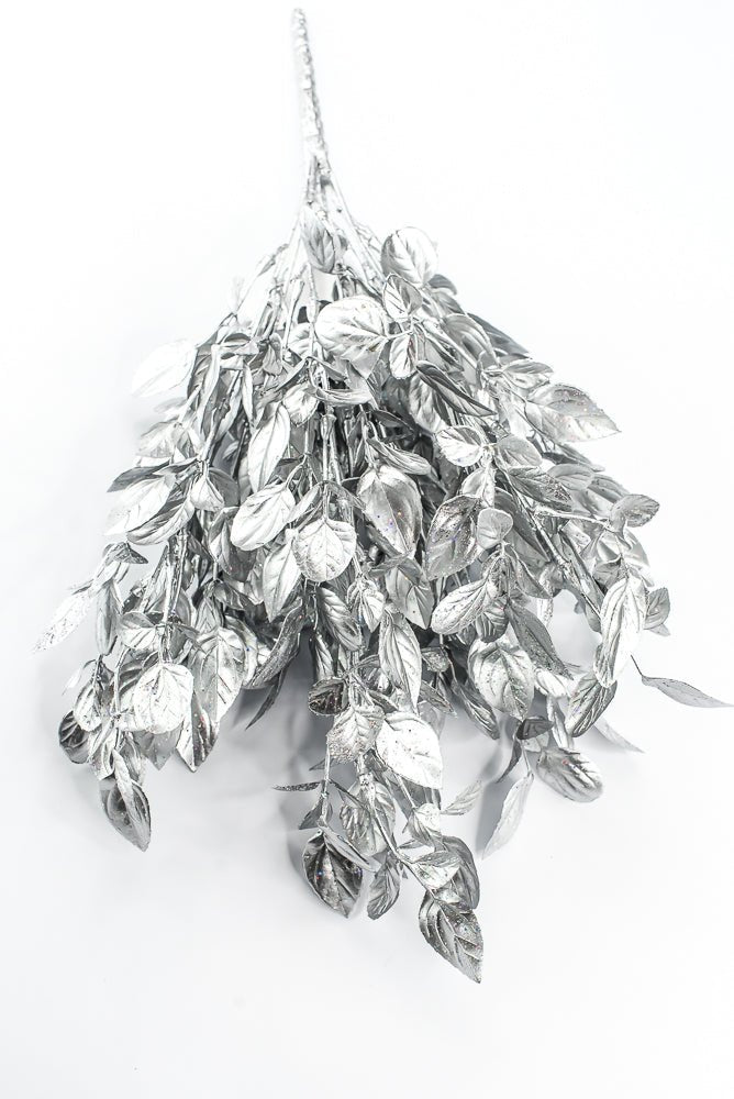 Artificial Silver Plastic Leaves With Glitter Bush - 17" - Greenery MarketArtificial Flora85799-SILVER