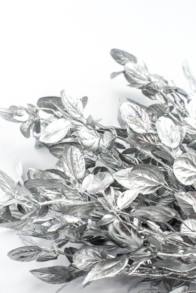 Artificial Silver Plastic Leaves With Glitter Bush - 17" - Greenery MarketArtificial Flora85799-SILVER