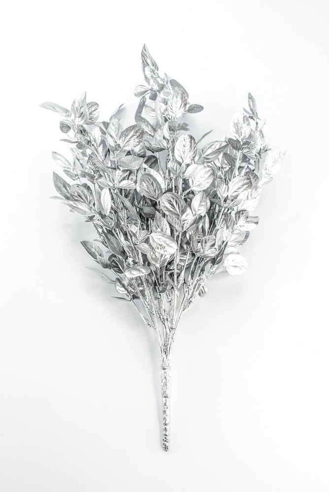 Artificial Silver Plastic Leaves With Glitter Bush - 17" - Greenery MarketArtificial Flora85799-SILVER