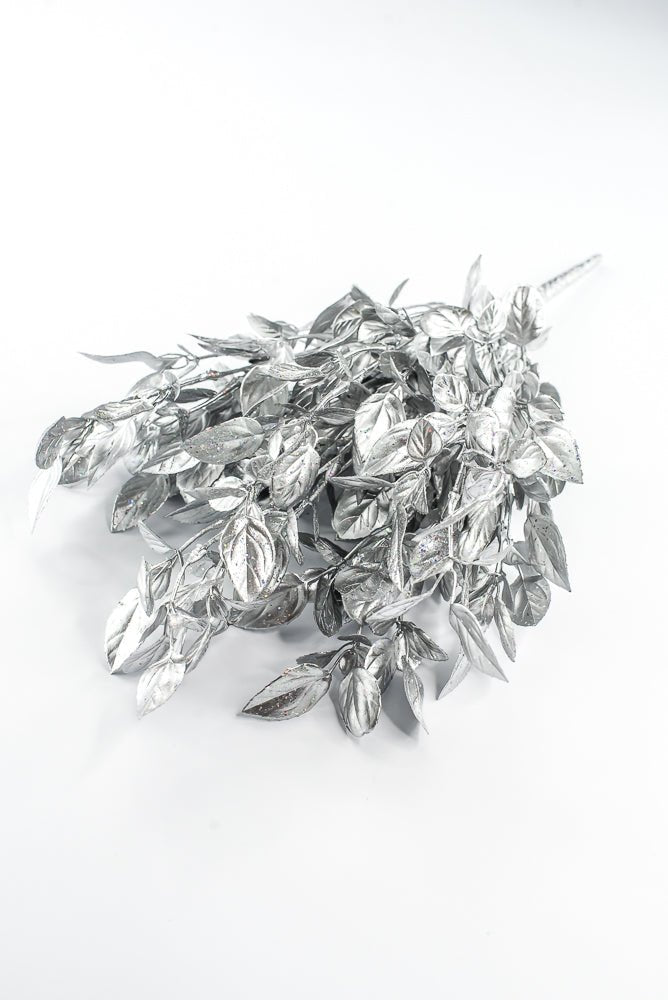 Artificial Silver Plastic Leaves With Glitter Bush - 17" - Greenery MarketArtificial Flora85799-SILVER