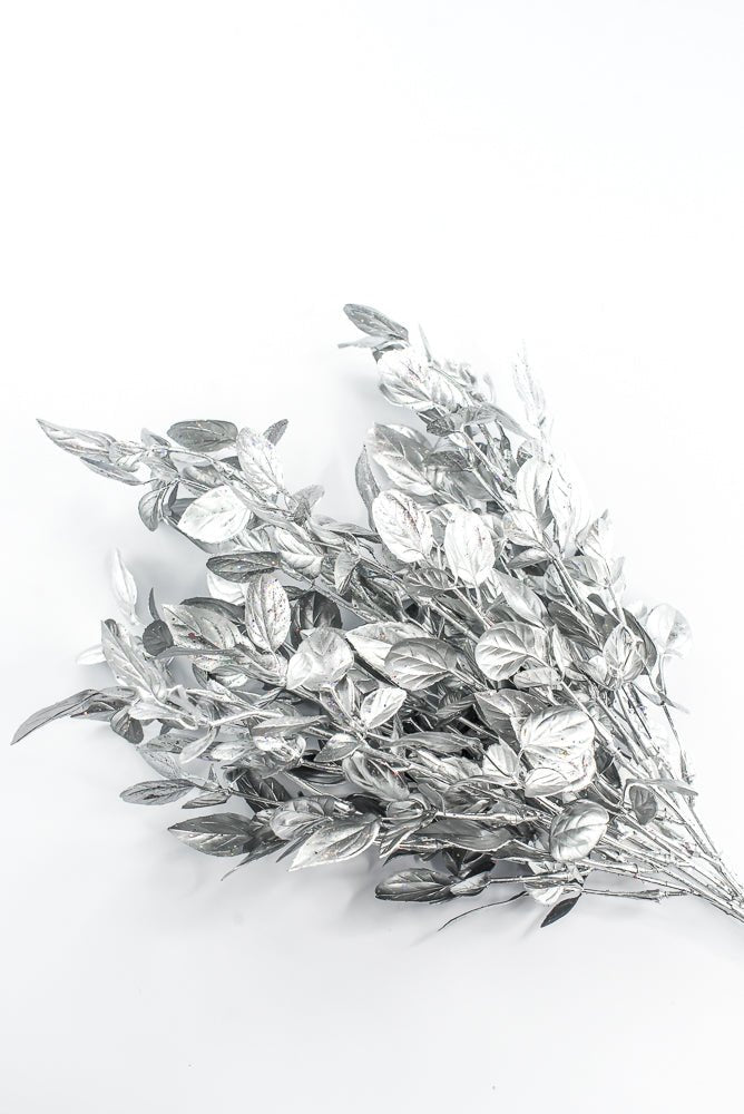 Artificial Silver Plastic Leaves With Glitter Bush - 17" - Greenery MarketArtificial Flora85799-SILVER