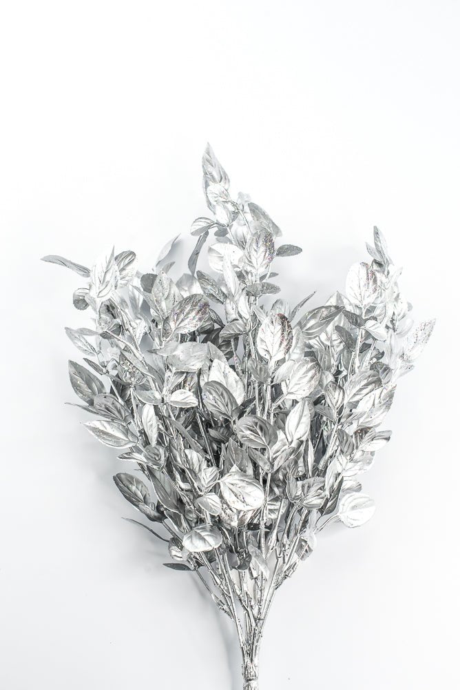 Artificial Silver Plastic Leaves With Glitter Bush - 17" - Greenery MarketArtificial Flora85799-SILVER