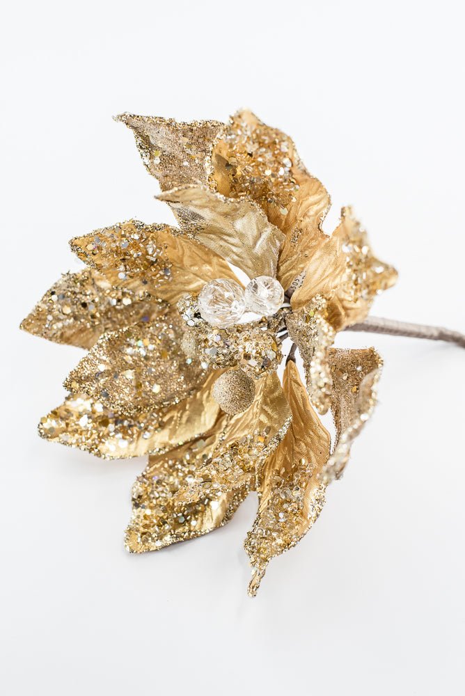 Artificial Tiffany Gold Poinsettia Jewel Glitter Pick - 18" - Greenery MarketArtificial Flowers270192