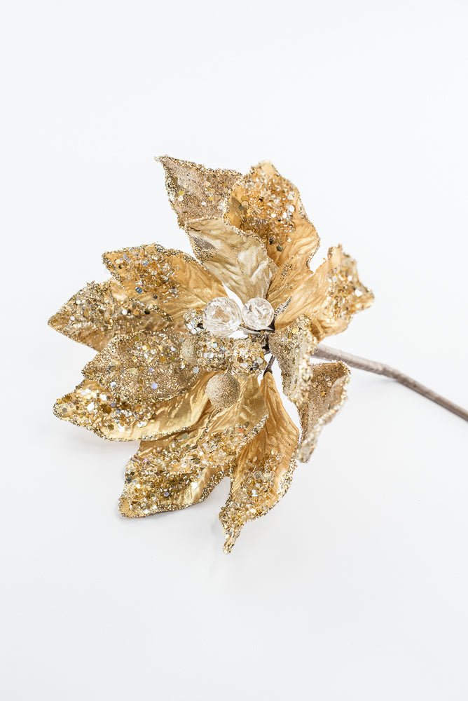 Artificial Tiffany Gold Poinsettia Jewel Glitter Pick - 18" - Greenery MarketArtificial Flowers270192