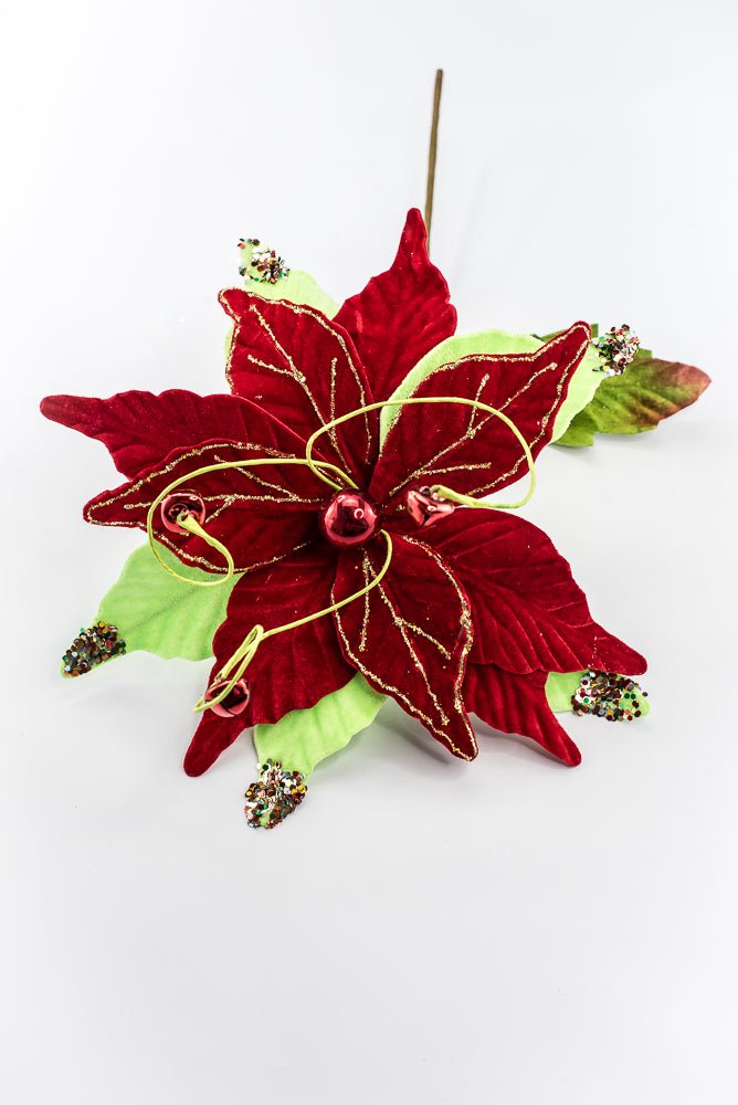 Artificial Velvet Glitter Poinsettia Stem - 15" - Greenery MarketArtificial Flora40476