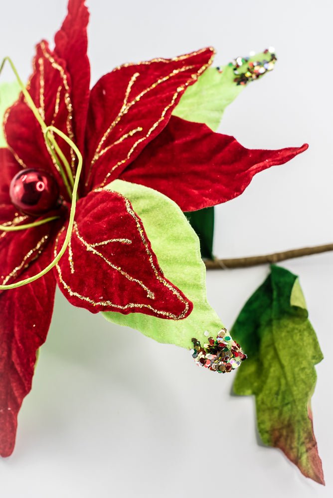 Artificial Velvet Glitter Poinsettia Stem - 15" - Greenery MarketArtificial Flora40476