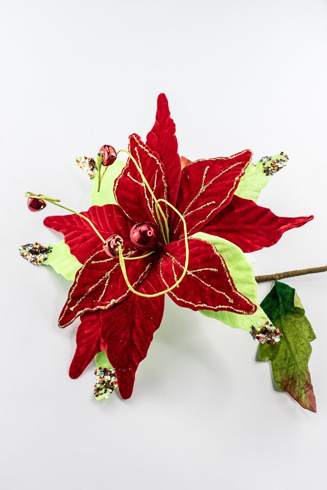 Artificial Velvet Glitter Poinsettia Stem - 15" - Greenery MarketArtificial Flora40476