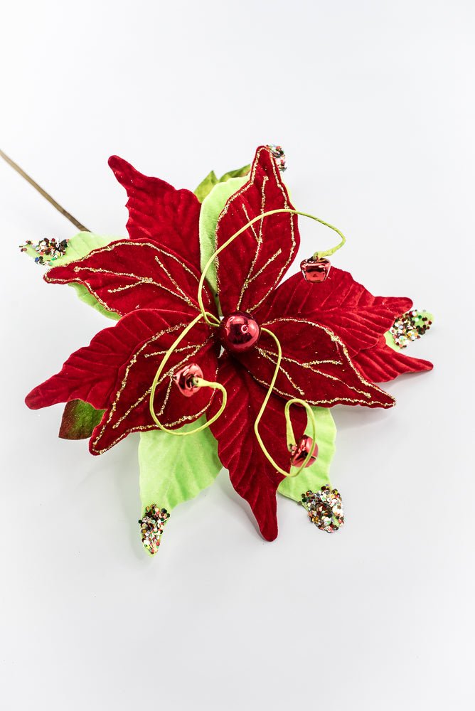 Artificial Velvet Glitter Poinsettia Stem - 15" - Greenery MarketArtificial Flora40476