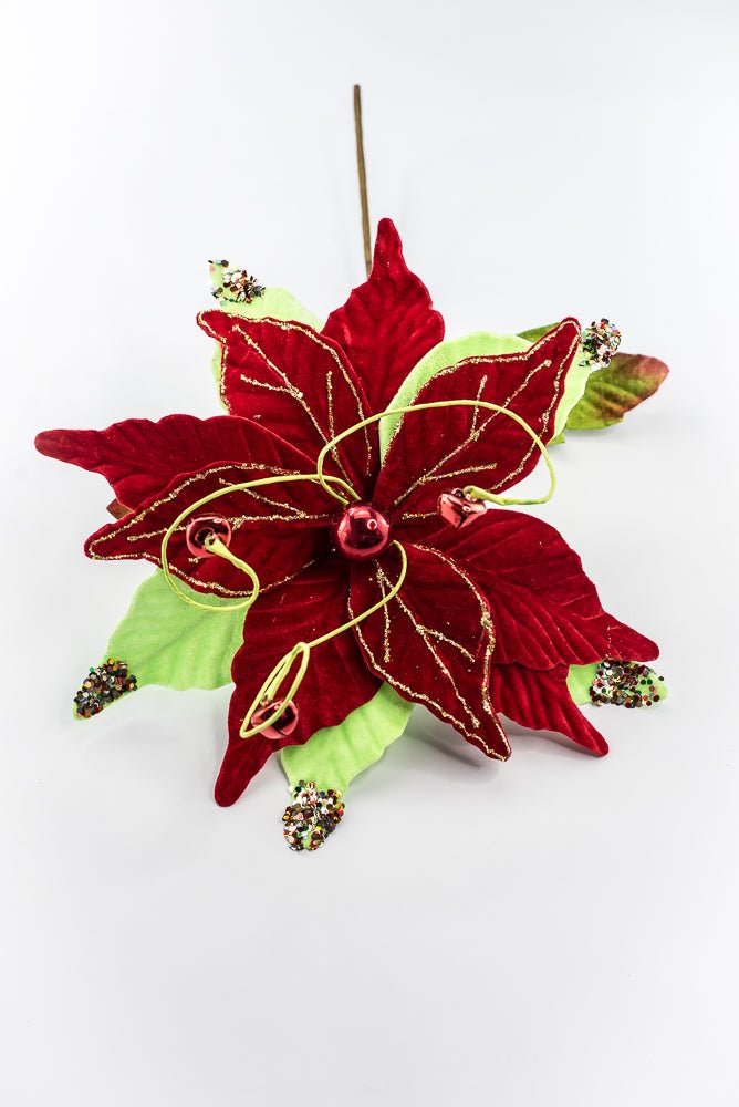 Artificial Velvet Glitter Poinsettia Stem - 15" - Greenery MarketArtificial Flora40476