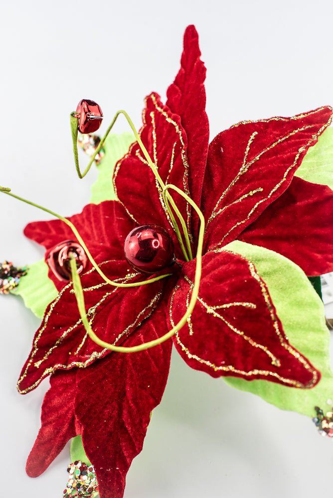Artificial Velvet Glitter Poinsettia Stem - 15" - Greenery MarketArtificial Flora40476