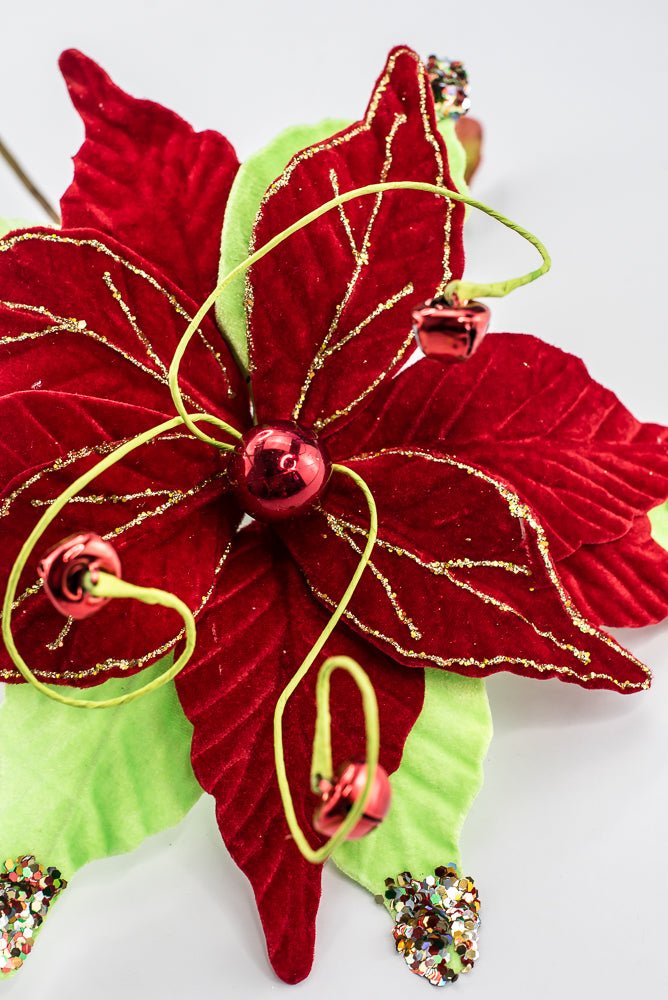 Artificial Velvet Glitter Poinsettia Stem - 15" - Greenery MarketArtificial Flora40476