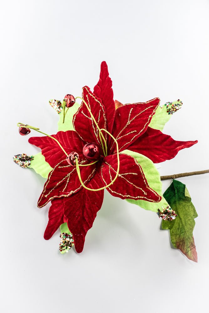 Artificial Velvet Glitter Poinsettia Stem - 15" - Greenery MarketArtificial Flora40476