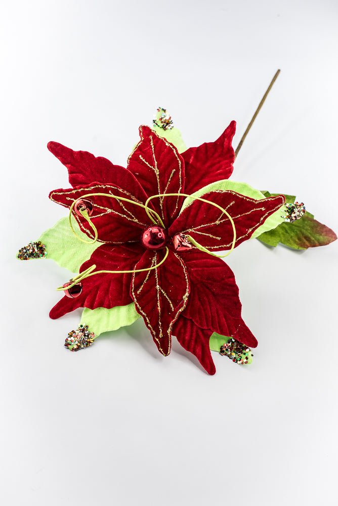 Artificial Velvet Glitter Poinsettia Stem - 15" - Greenery MarketArtificial Flora40476
