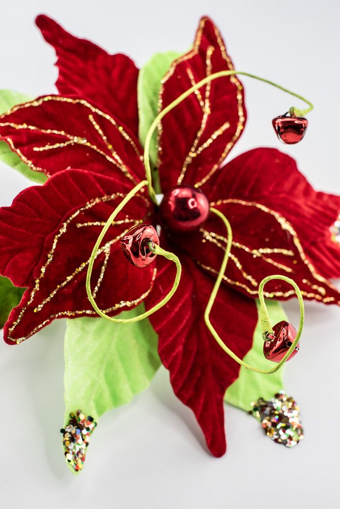 Artificial Velvet Glitter Poinsettia Stem - 15" - Greenery MarketArtificial Flora40476