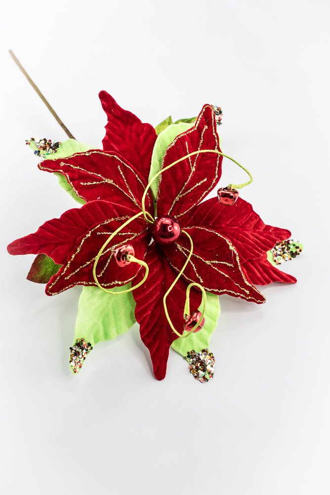 Artificial Velvet Glitter Poinsettia Stem - 15" - Greenery MarketArtificial Flora40476