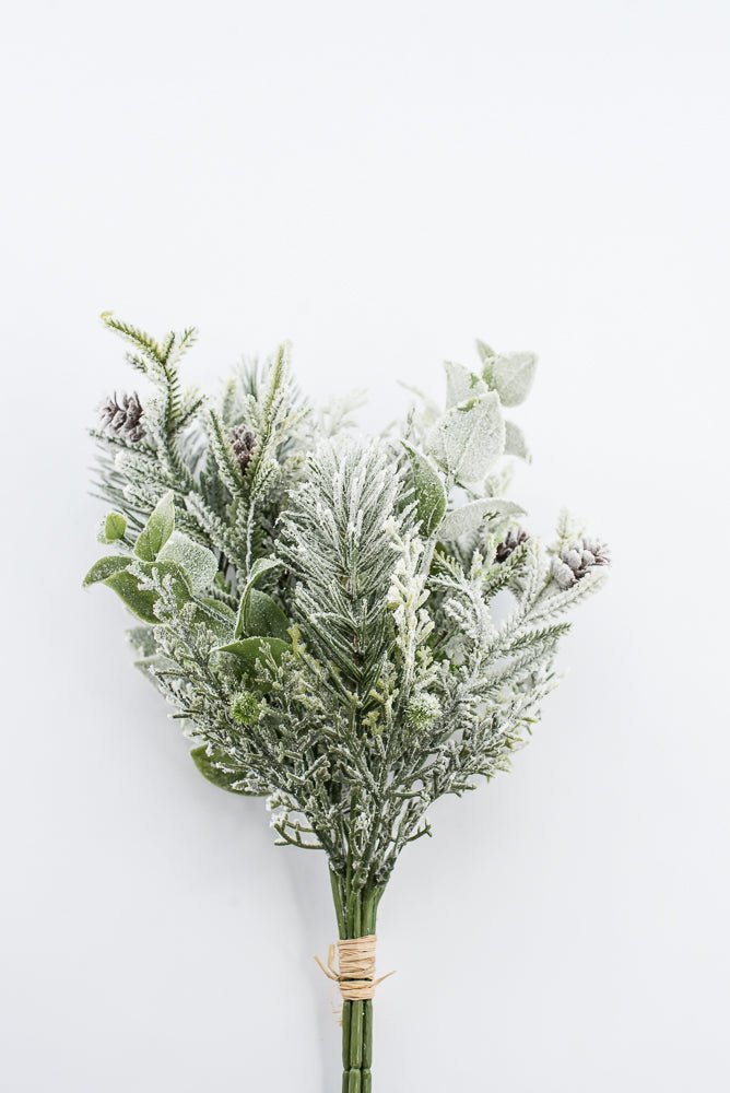 Artificial, White Flocked, Mixed Pine & Eucalyptus Bundle - 17" - Greenery Market2825297WH