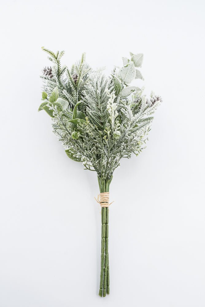 Artificial, White Flocked, Mixed Pine & Eucalyptus Bundle - 17" - Greenery Market2825297WH