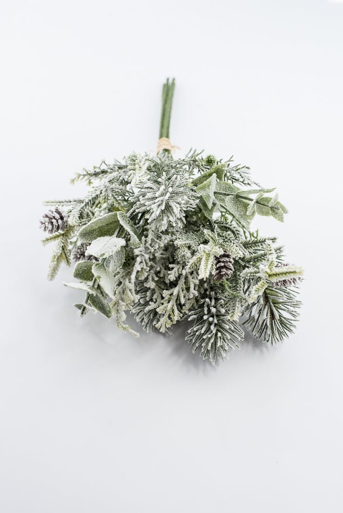 Artificial, White Flocked, Mixed Pine & Eucalyptus Bundle - 17" - Greenery Market2825297WH