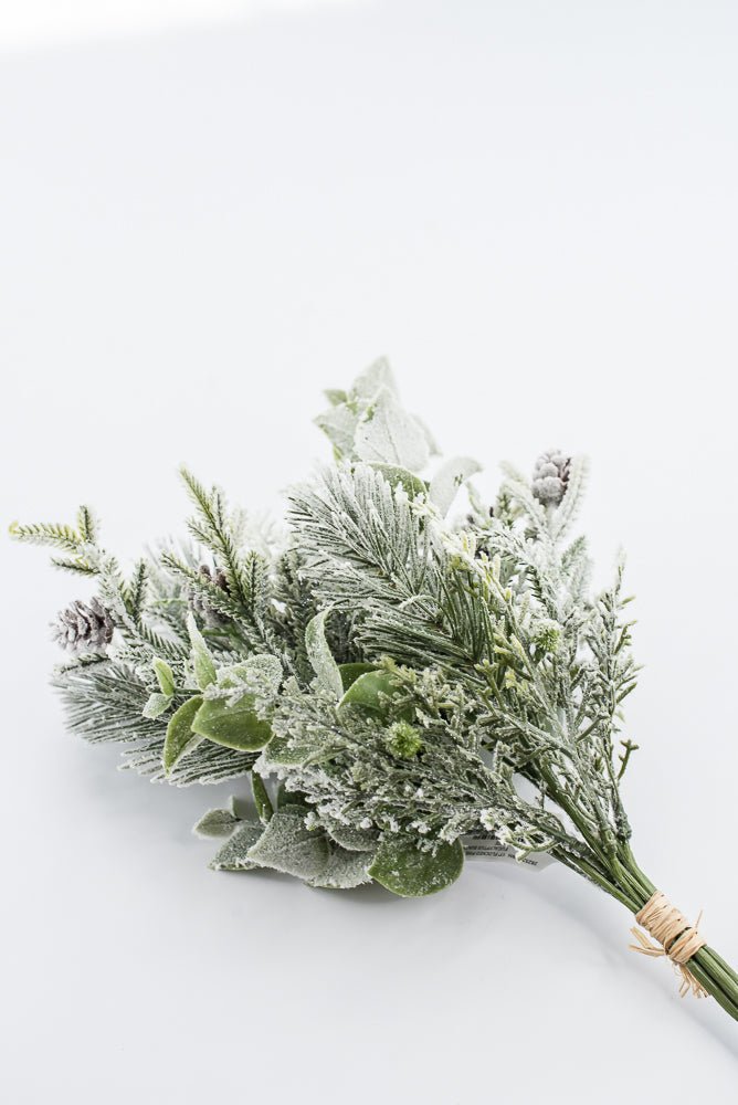 Artificial, White Flocked, Mixed Pine & Eucalyptus Bundle - 17" - Greenery Market2825297WH