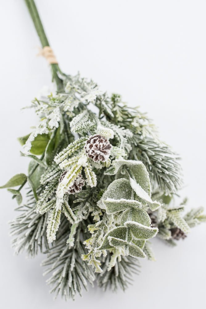 Artificial, White Flocked, Mixed Pine & Eucalyptus Bundle - 17" - Greenery Market2825297WH