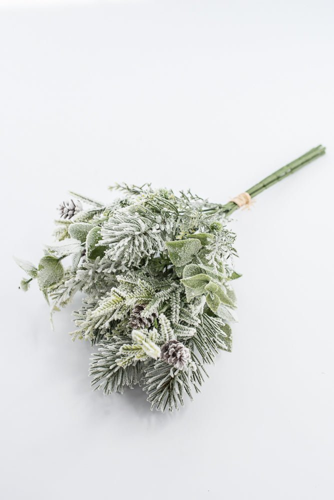 Artificial, White Flocked, Mixed Pine & Eucalyptus Bundle - 17" - Greenery Market2825297WH