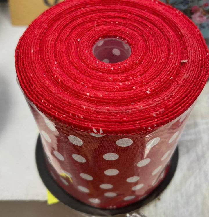 AS IS - D stevens Red Faux linen dots wired ribbon- DAMAGED Packaging - Greenery Market09-1589