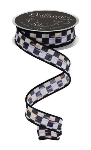Beige & Black Mini Antique Checkerboard Ribbon - 7/8" - Greenery MarketWired RibbonLS314159