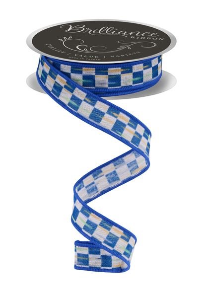 Beige & Blue Mini Antique Checkerboard Ribbon - 7/8" - Greenery MarketWired RibbonLS314125