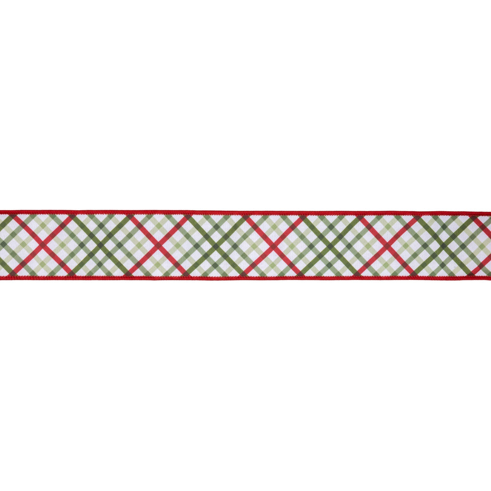 Bias Cut Garden Plaid with Red Backing Wired Dupioni Ribbon - 2.5" - Greenery MarketWired Ribbon9339W-765-63E