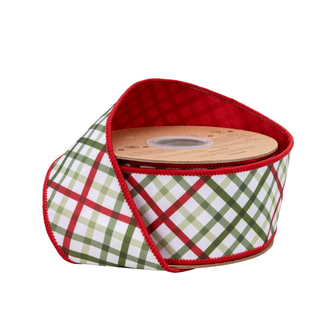 Bias Cut Garden Plaid with Red Backing Wired Dupioni Ribbon - 2.5" - Greenery MarketWired Ribbon9339W-765-63E