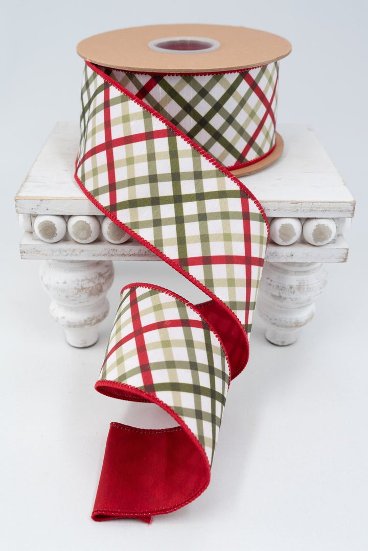 Bias Cut Garden Plaid with Red Backing Wired Dupioni Ribbon - 2.5" - Greenery MarketWired Ribbon9339W-765-63E
