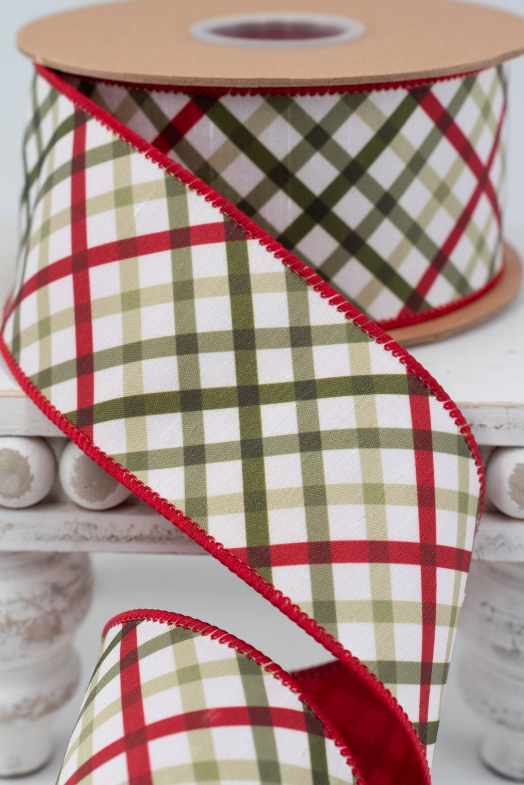 Bias Cut Garden Plaid with Red Backing Wired Dupioni Ribbon - 2.5" - Greenery MarketWired Ribbon9339W-765-63E