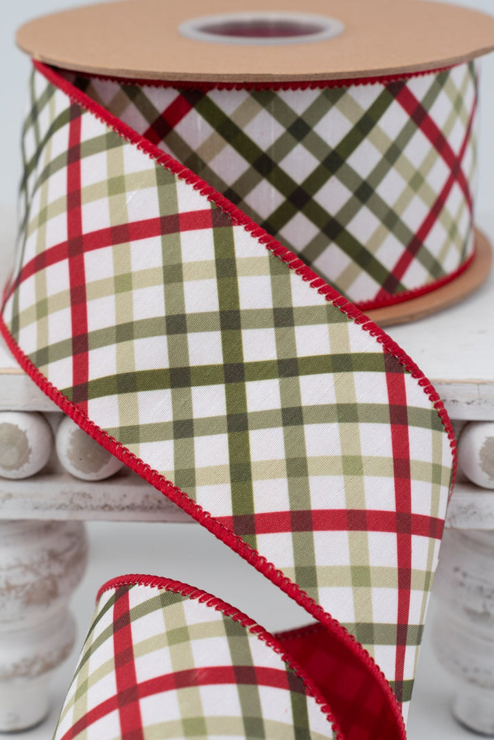 Bias Cut Garden Plaid with Red Backing Wired Dupioni Ribbon - 2.5" - Greenery MarketWired Ribbon9339W-765-63E