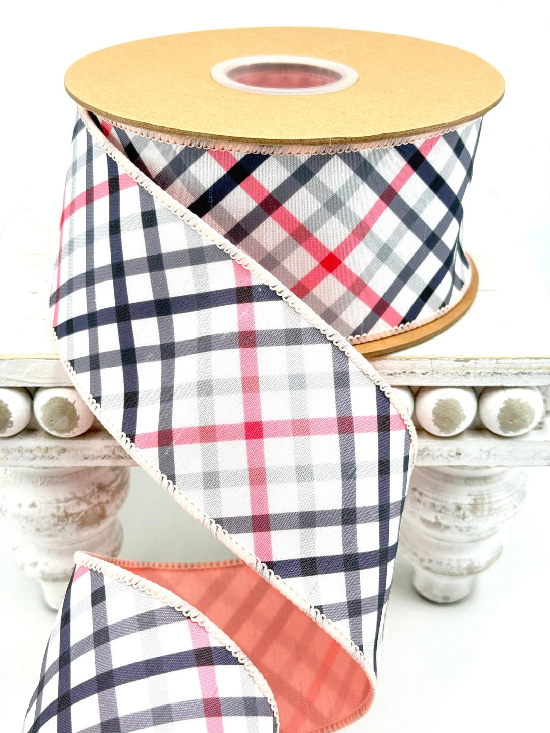 Bias Cut Pink & Black Plaid with Pink Backing Wired Dupioni Ribbon - 2.5" - Greenery MarketWired Ribbon9343W-038-63E