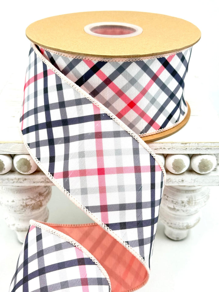 Bias Cut Pink & Black Plaid with Pink Backing Wired Dupioni Ribbon - 2.5" - Greenery MarketWired Ribbon9343W-038-63E