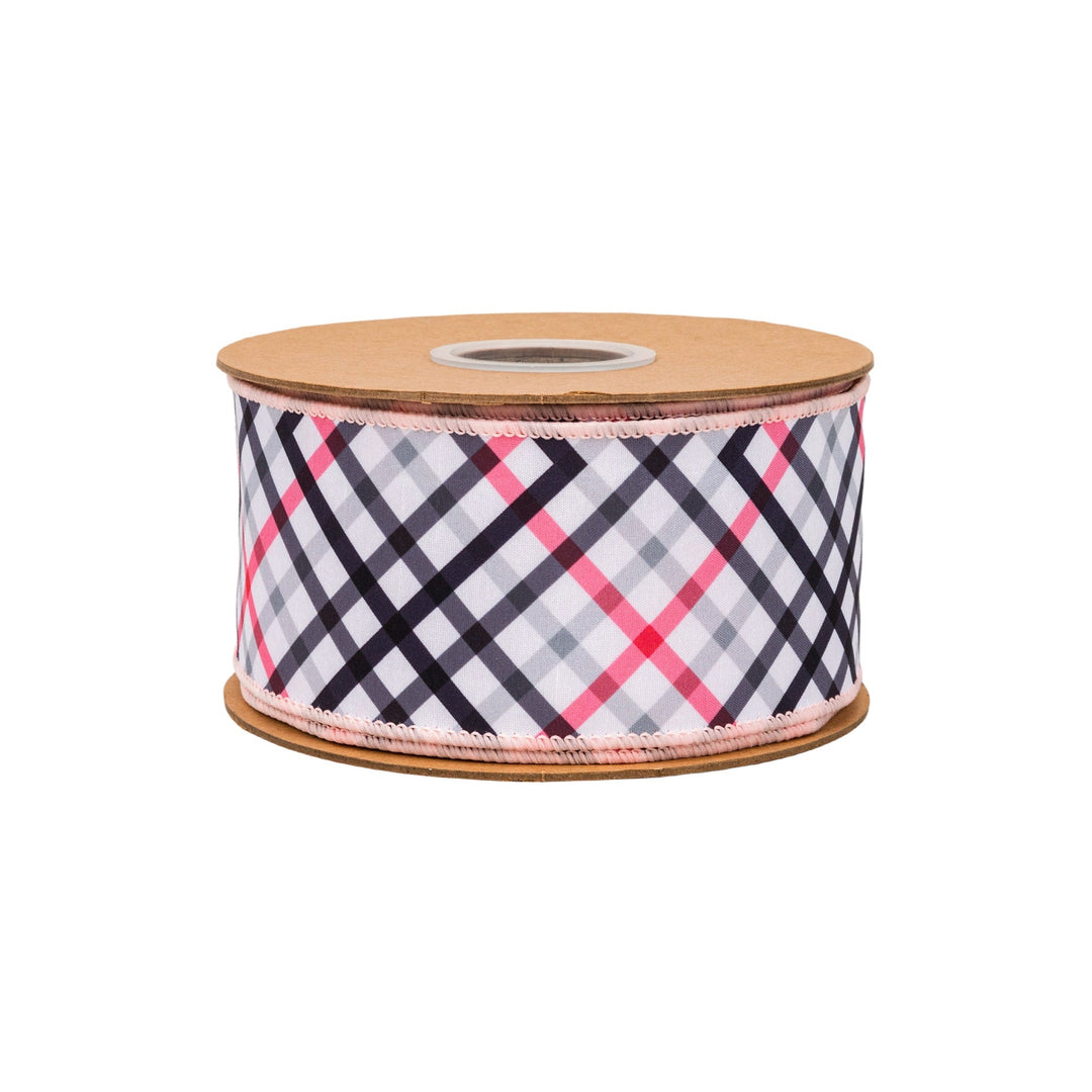Bias Cut Pink & Black Plaid with Pink Backing Wired Dupioni Ribbon - 2.5" - Greenery MarketWired Ribbon9343W-038-63E
