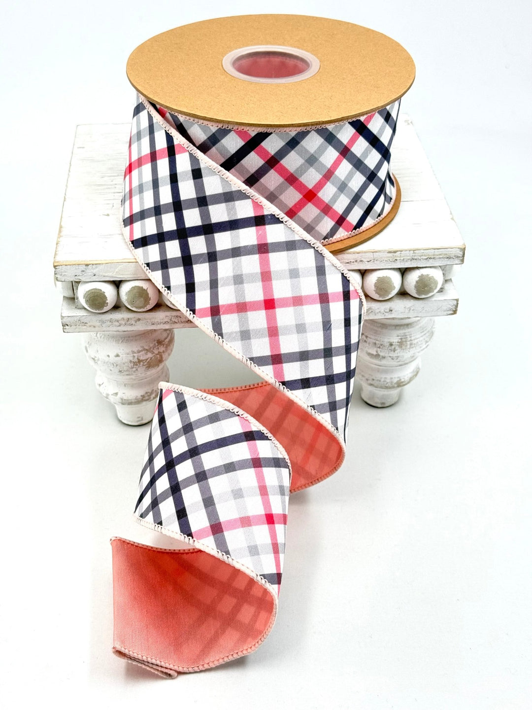 Bias Cut Pink & Black Plaid with Pink Backing Wired Dupioni Ribbon - 2.5" - Greenery MarketWired Ribbon9343W-038-63E
