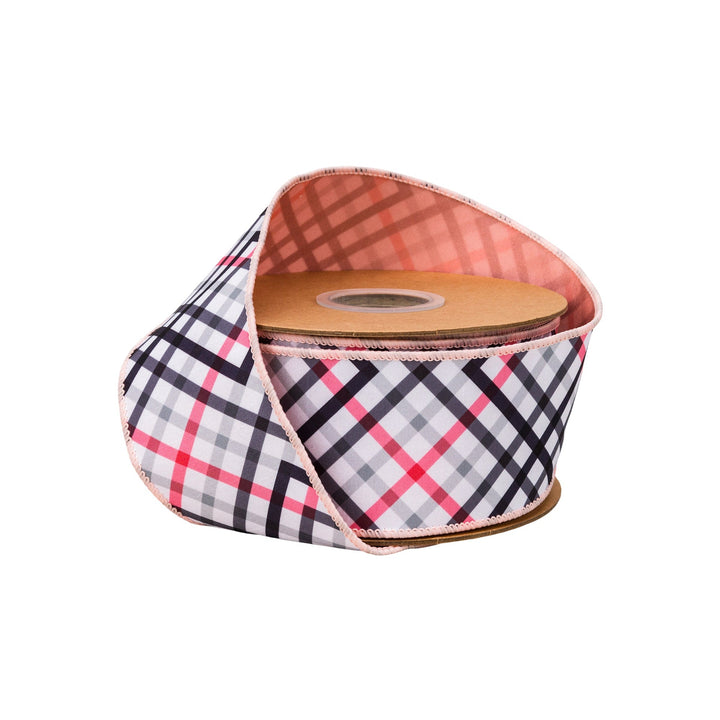Bias Cut Pink & Black Plaid with Pink Backing Wired Dupioni Ribbon - 2.5" - Greenery MarketWired Ribbon9343W-038-63E