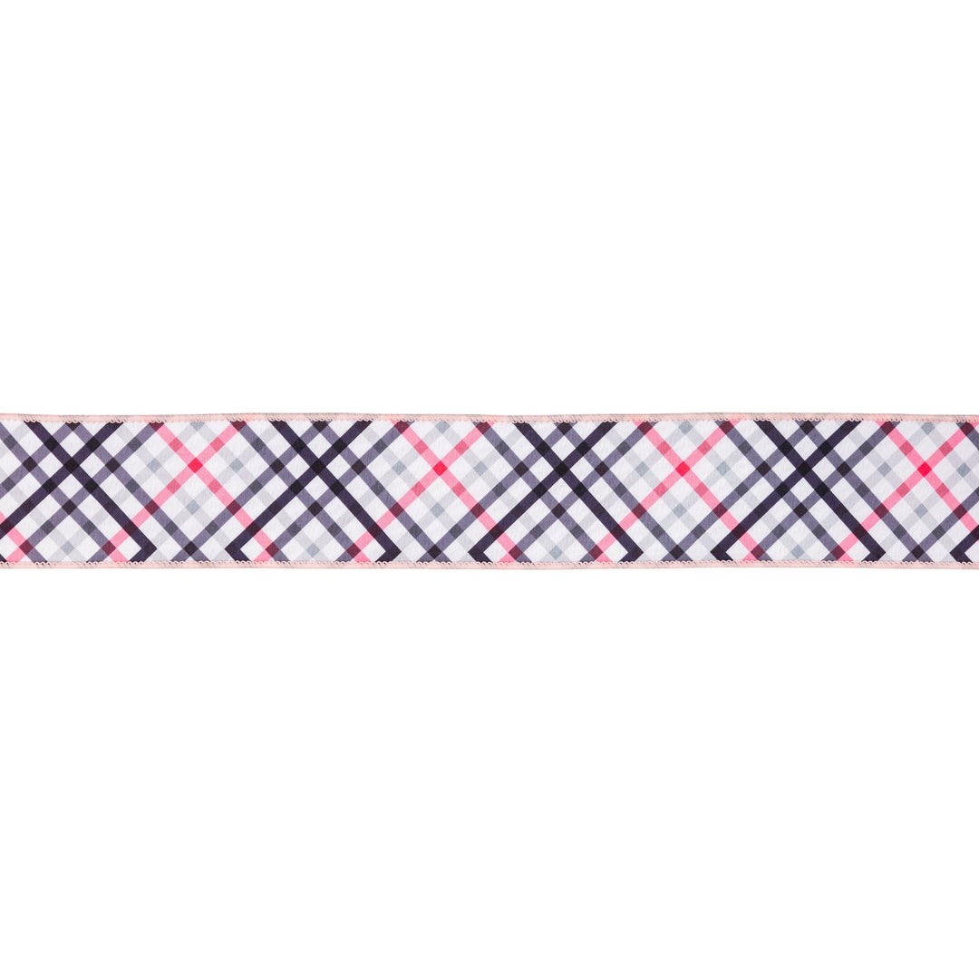 Bias Cut Pink & Black Plaid with Pink Backing Wired Dupioni Ribbon - 2.5" - Greenery MarketWired Ribbon9343W-038-63E
