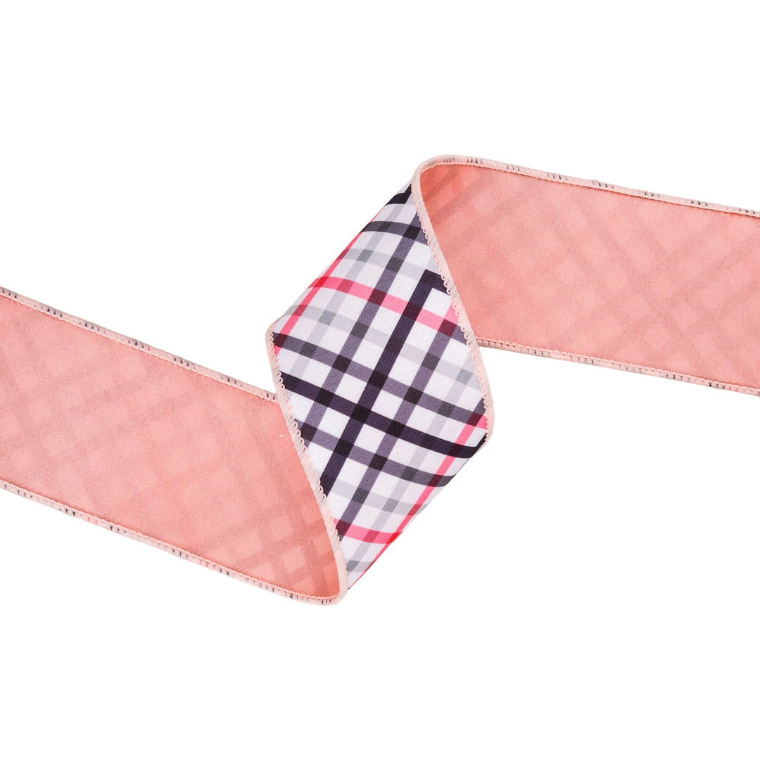 Bias Cut Pink & Black Plaid with Pink Backing Wired Dupioni Ribbon - 2.5" - Greenery MarketWired Ribbon9343W-038-63E