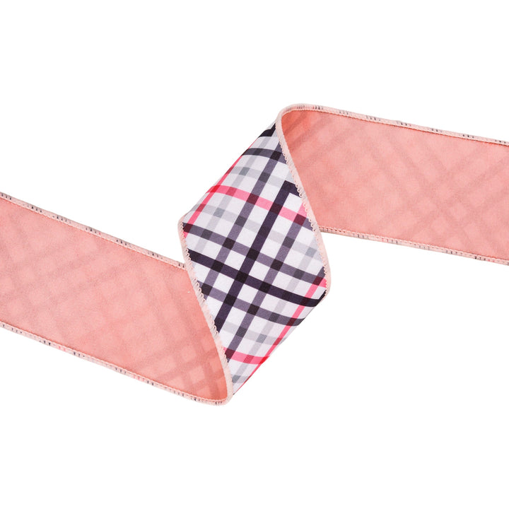 Bias Cut Pink & Black Plaid with Pink Backing Wired Dupioni Ribbon - 2.5" - Greenery MarketWired Ribbon9343W-038-63E