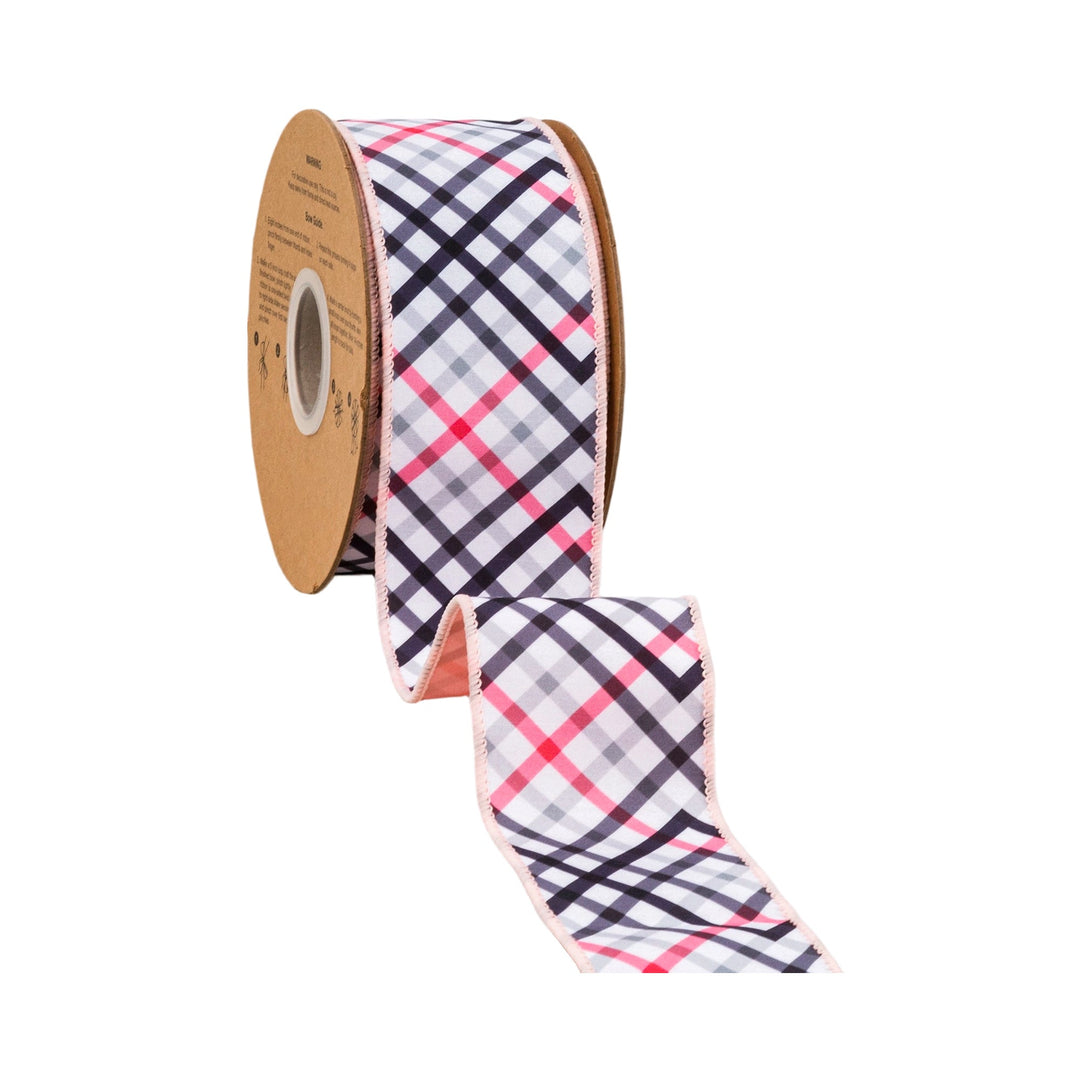 Bias Cut Pink & Black Plaid with Pink Backing Wired Dupioni Ribbon - 2.5" - Greenery MarketWired Ribbon9343W-038-63E