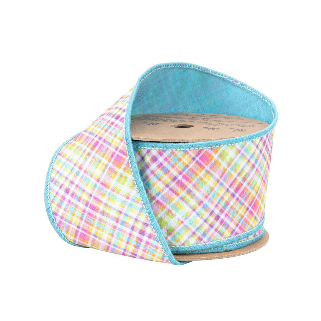 Bias Plaid Blue & Yellow with Blue Taffeta Fused Back Wired Dupioni Ribbon - 2.5" - Greenery MarketWired Ribbon8222W-343-63E