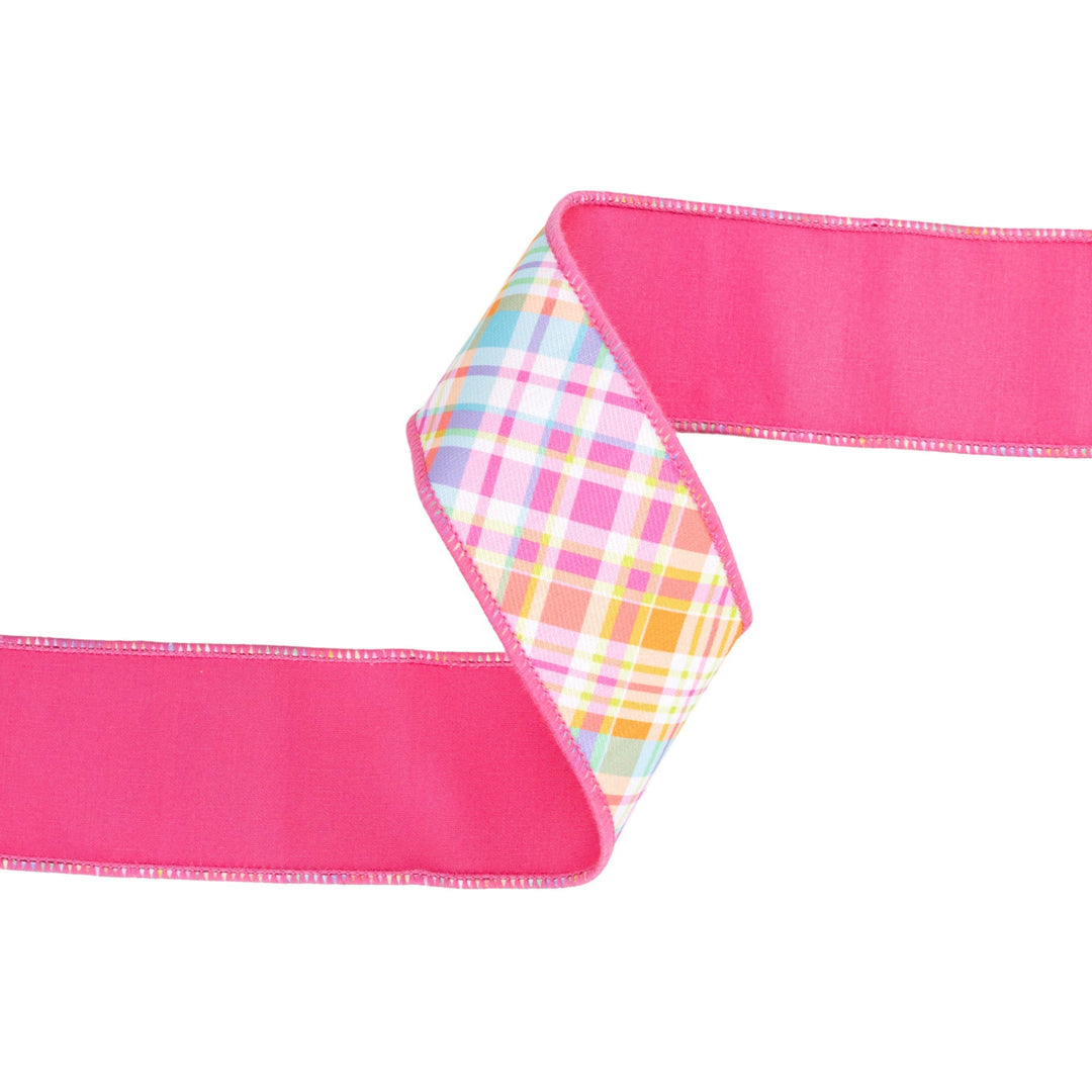Bias Plaid Hot Pink with Hot Pink Taffeta Fused Back Wired Dupioni Ribbon - 2.5" - Greenery MarketWired Ribbon8218W-175-63E