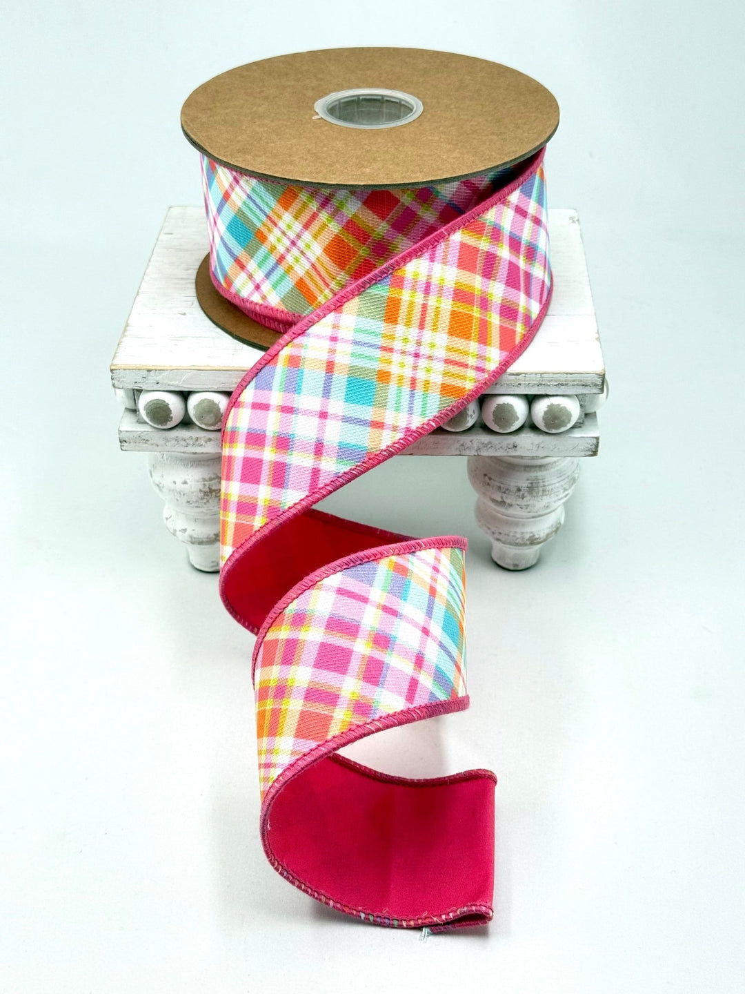 Bias Plaid Hot Pink with Hot Pink Taffeta Fused Back Wired Dupioni Ribbon - 2.5" - Greenery MarketWired Ribbon8218W-175-63E