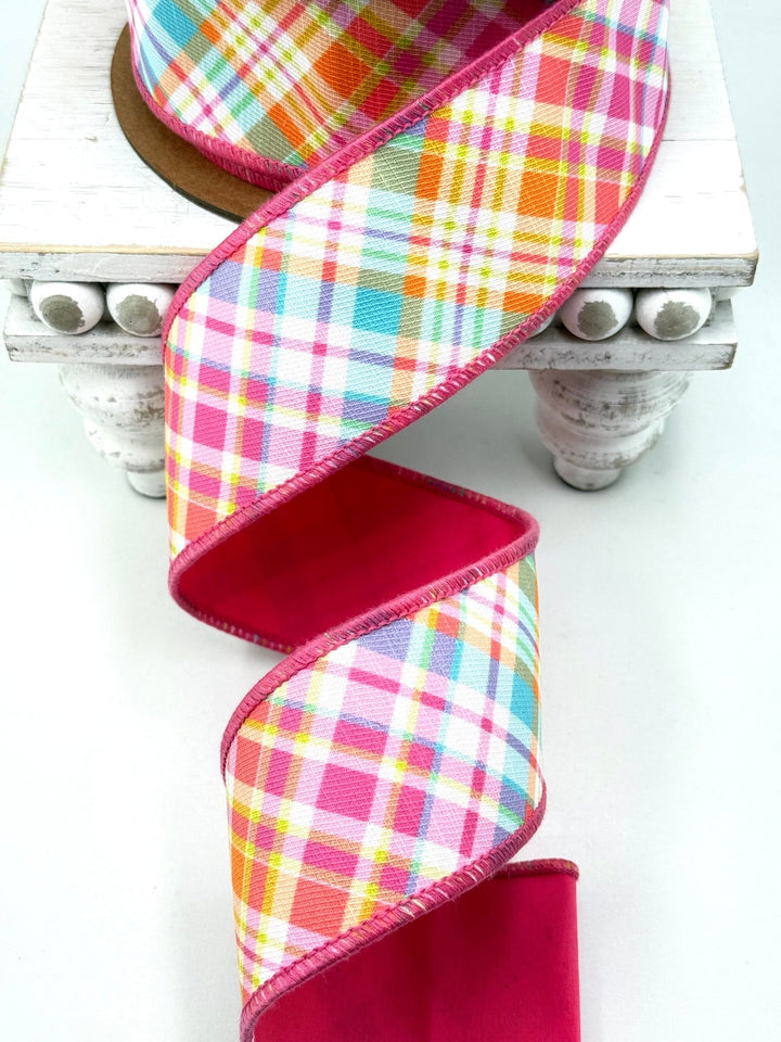 Bias Plaid Hot Pink with Hot Pink Taffeta Fused Back Wired Dupioni Ribbon - 2.5" - Greenery MarketWired Ribbon8218W-175-63E